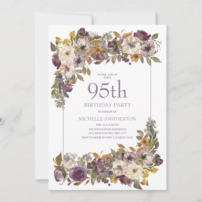 Purple Yellow Ivory Floral Foliage 95th Birthday Invitation (Front)
