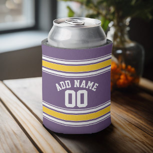 Purple Yellow Jersey Stripes Custom Name Number Can Cooler