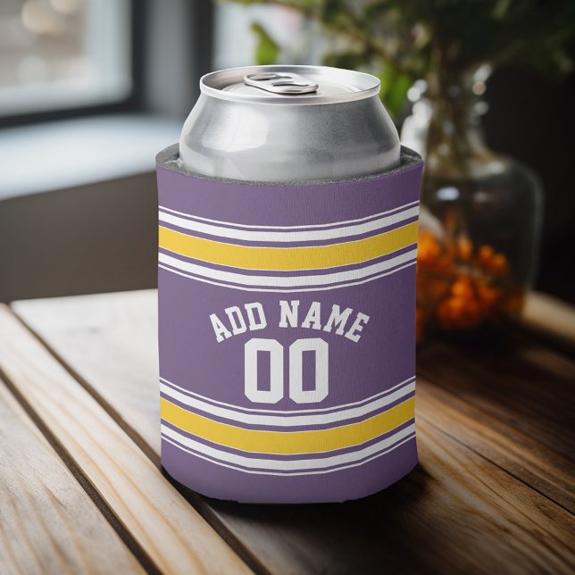 Purple Yellow Jersey Stripes Custom Name Number Can Cooler (Personalized Can Cooler - add a name and custom text to this sports jersey design)