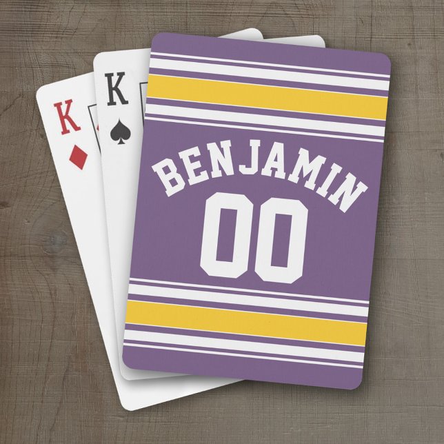 Purple Yellow Jersey Stripes Custom Name Number Playing Cards (Personalized Playing Cards - Sports Jersey Design)
