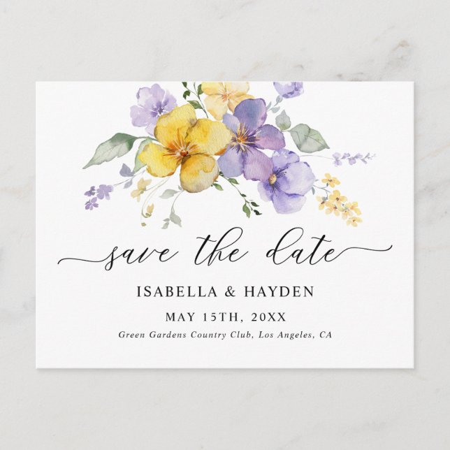 Purple Yellow Lavender Lilac Floral Save The Date Announcement Postcard (Front)