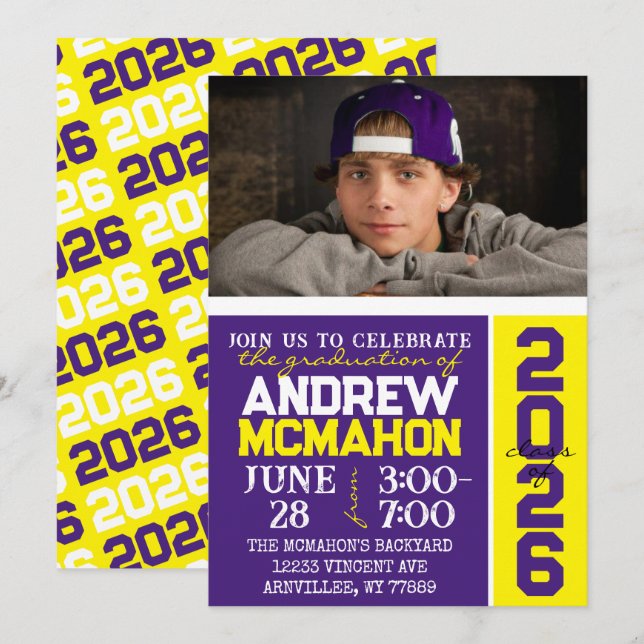 Purple & Yellow Modern Graduation Photo Invitation (Front/Back)