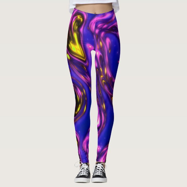 Purple & Yellow Neon Liquid Abstract Art Leggings (Front)