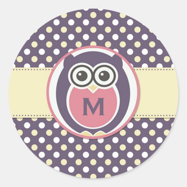 Purple Yellow Night Owl Cartoon Monogram Stickers (Front)