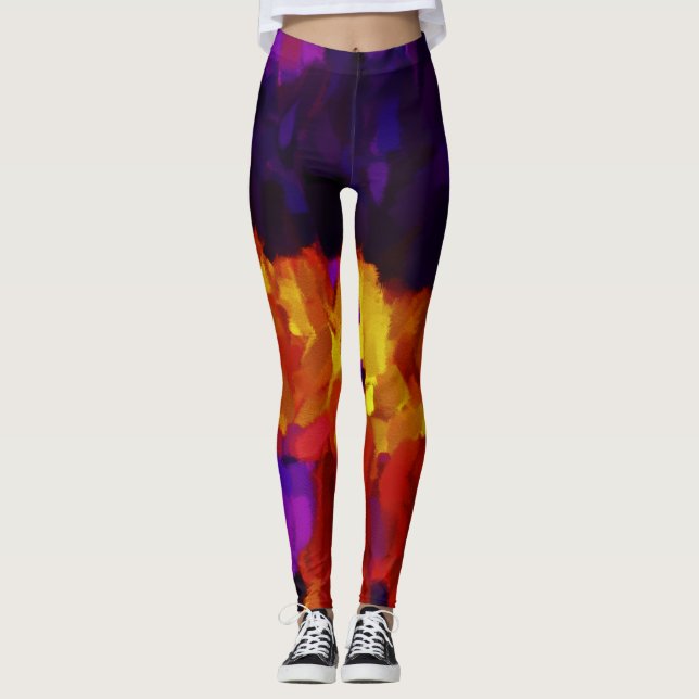 Purple Yellow Orange Paint Splatter Leggings (Front)