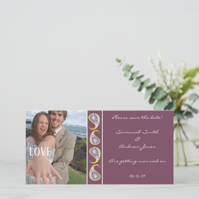 Purple & Yellow Paisley Save the Date  Your Photo (Standing Front)