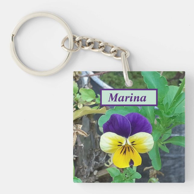 Purple & Yellow Pansy Acrylic Key Ring (Front)