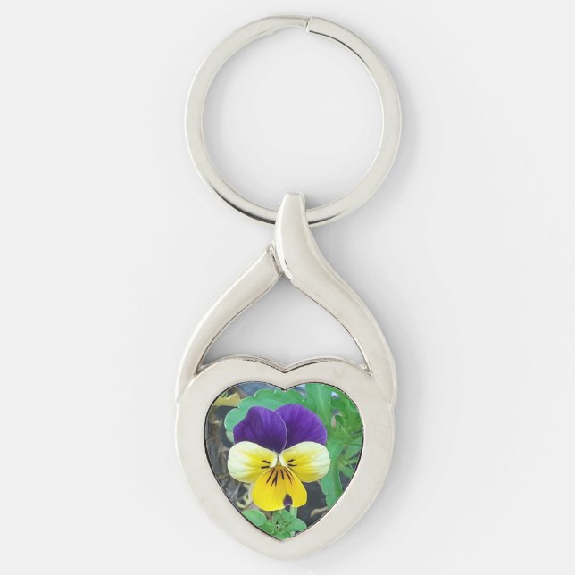 Purple & Yellow Pansy Metal Key Ring (Front)