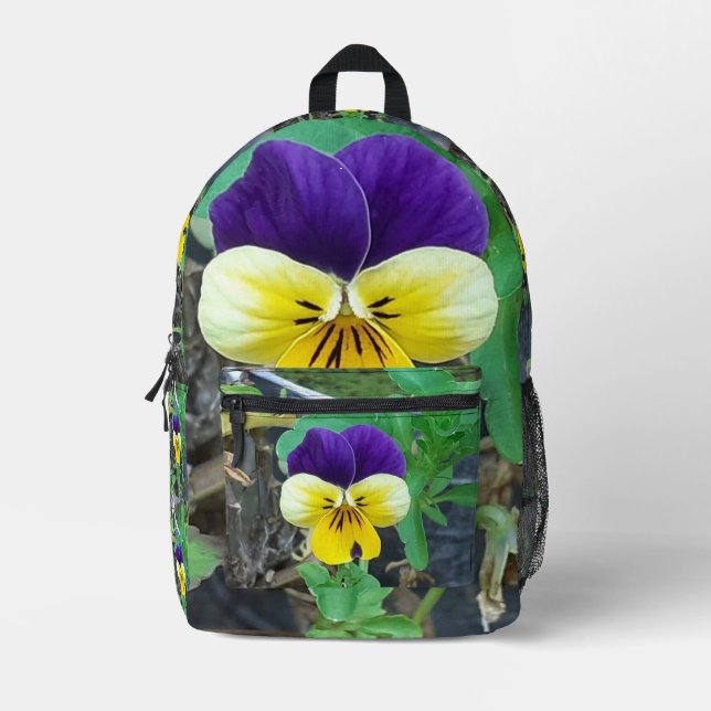 Purple & Yellow Pansy Printed Backpack (Front)
