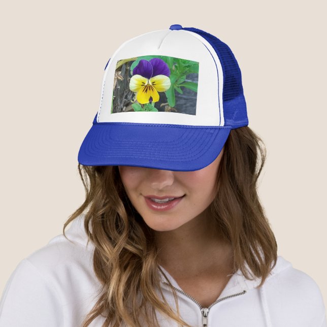 Purple & Yellow Pansy Trucker Hat (In Situ)