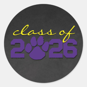Purple & Yellow Paw Print Chalkboard Graduation Classic Round Sticker