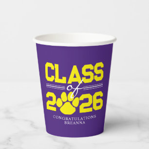 Purple & Yellow Pawprint Graduation Class Year Paper Cups