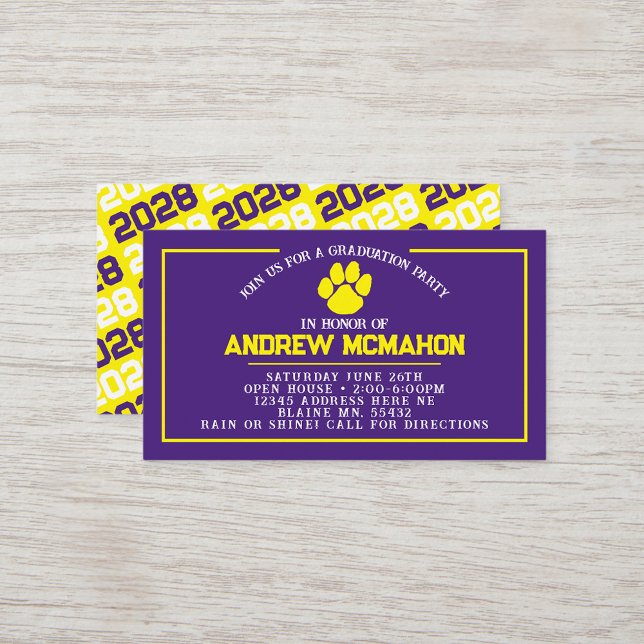 Purple & Yellow Pawprint Mini Graduation Invites (Purple & Yellow Pawprint Mini Graduation Invites for Friends, Team Mates or as Inserts!)