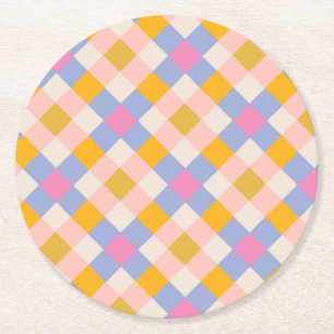 Purple yellow pink checked round paper coaster