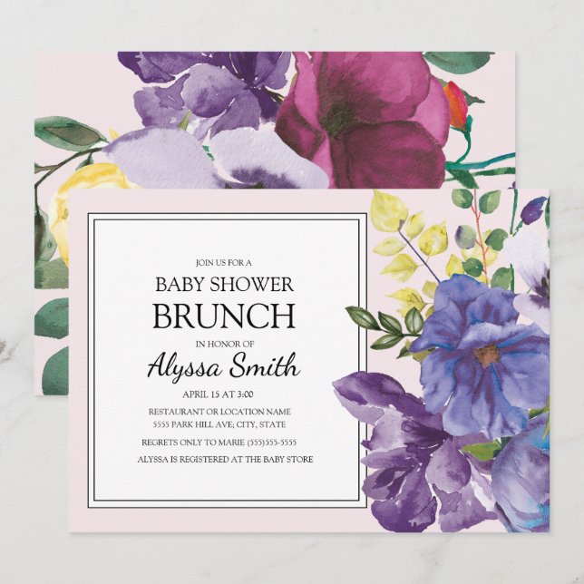 Purple Yellow Pink Floral Baby Shower Brunch Invitation (Front/Back)