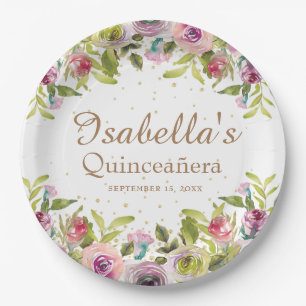 Purple Yellow Pink Floral Gold Glitter Quinceañera Paper Plate