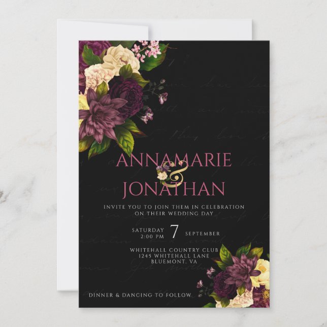 Purple Yellow Pink Peonies & Roses Wedding & RSVP Invitation (Front)