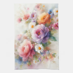 Purple Yellow Red Blue Green Watercolor Floral Tea Towel