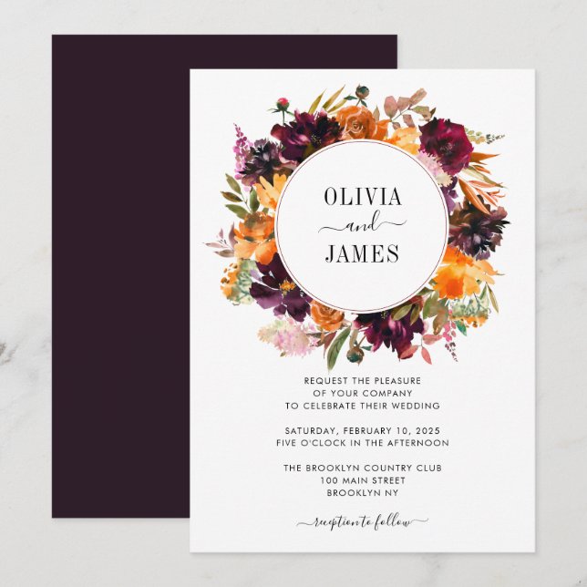 Purple Yellow Rose Burgundy Floral Autumn Wedding Invitation (Front/Back)