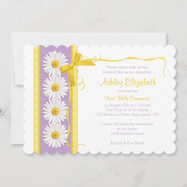 Purple Yellow Shasta Daisy Communion Invitation (Front)
