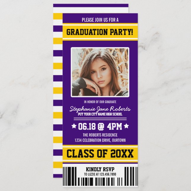 Purple|Yellow Sporty Graduation Party Ticket Invitation (Front/Back)