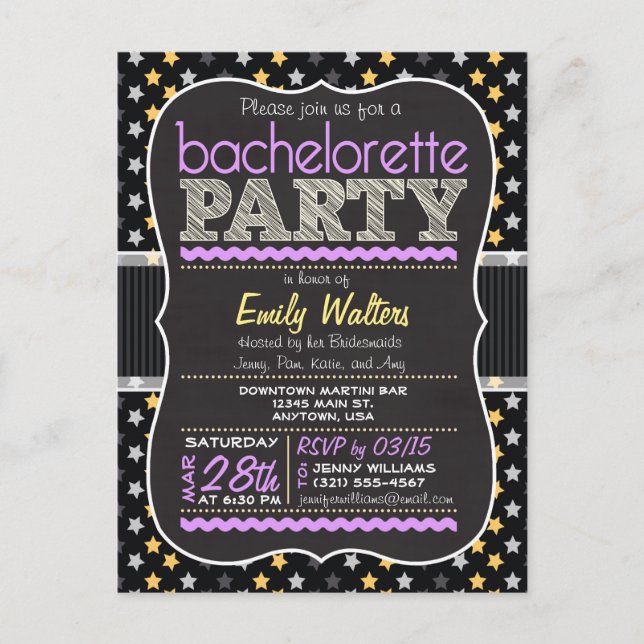 Purple, Yellow Stars Bachelorette Party Invitation (Front)