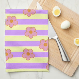 Purple Yellow Stripe Tropical Floral Botanical  Tea Towel