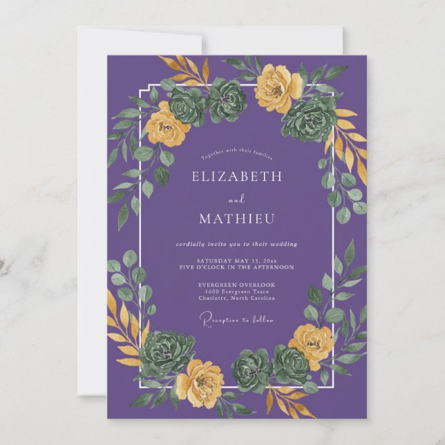 Purple Yellow Succulent Eucalyptus Wedding Invitation (Front)