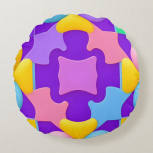 Purple Yellow Teal Round Geometric Abstract Cushion