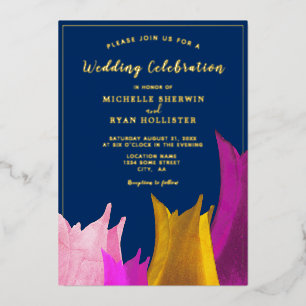 Purple Yellow Tulips Navy Blue Floral Wedding Gold