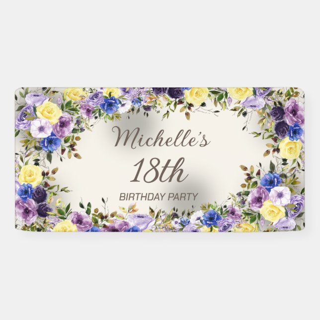Purple Yellow Watercolor Floral 18th Birthday Banner (Horizontal)