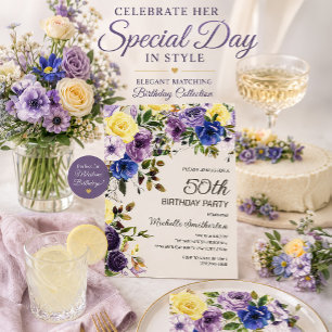 Purple Yellow Watercolor Floral 50th Birthday Invitation