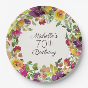 Purple Yellow Watercolor Floral 70th Birthday  Paper Plate