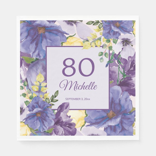 Purple Yellow Watercolor Floral 80th Birthday Napkin (Front)