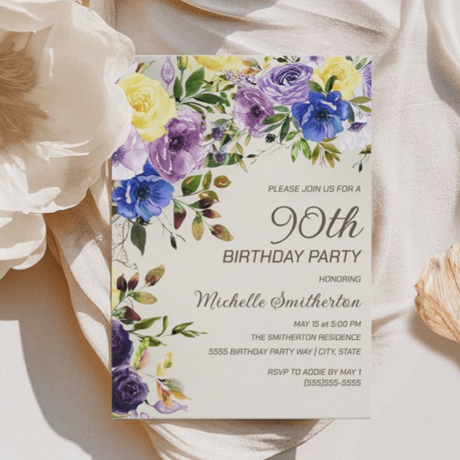 Purple Yellow Watercolor Floral 90th Birthday Invitation (Purple and yellow watercolor floral 90th birthday party invitation)