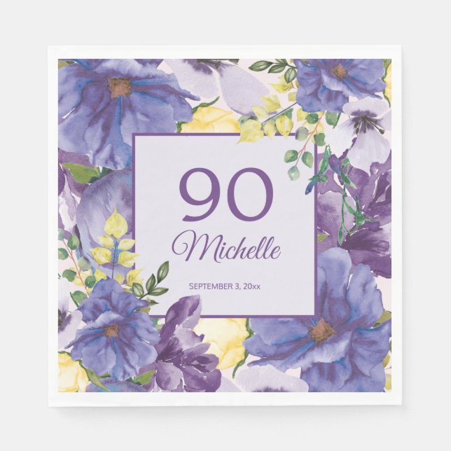 Purple Yellow Watercolor Floral 90th Birthday Napkin (Front)