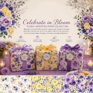 Purple Yellow Watercolor Floral Celebrate Bloom Wrapping Paper Sheet