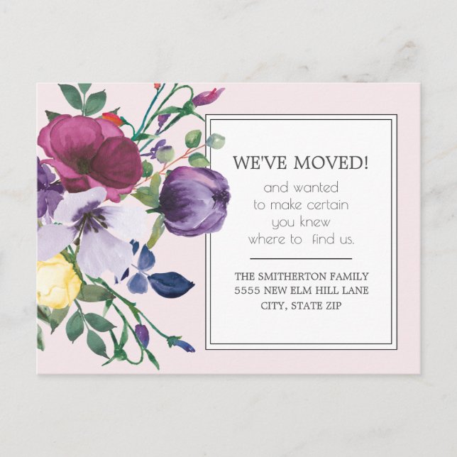 Purple Yellow Watercolor Floral Change Address Postcard (Front)