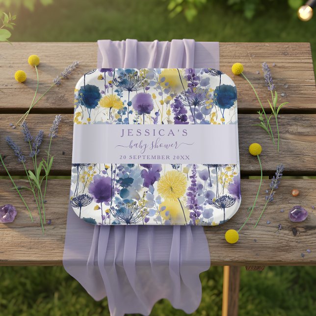 Purple Yellow Watercolor Wildflower Baby Shower Paper Plate (Celebrate your mama-to-be moment in full bloom with this elegant wildflower design. )