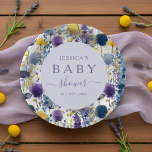 Purple Yellow Watercolor Wildflower Baby Shower Paper Plate