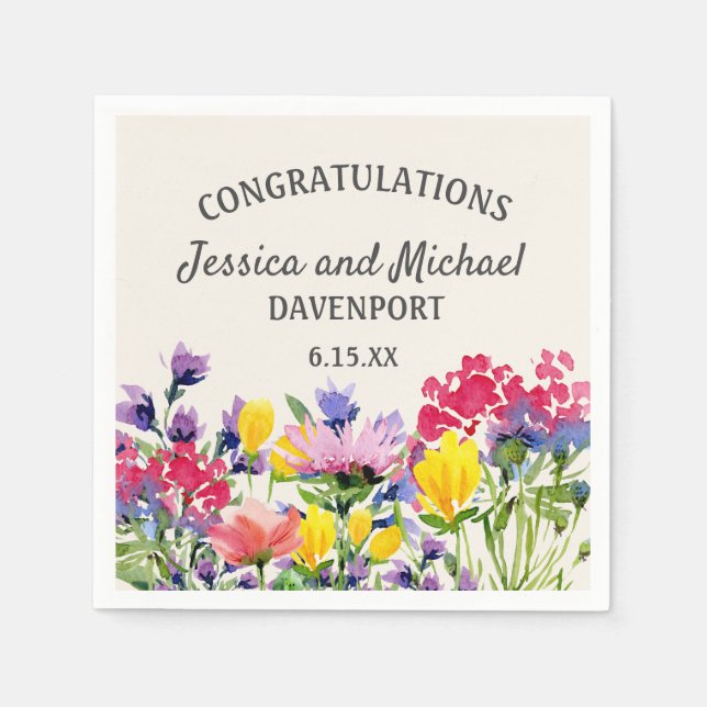 Purple Yellow Watercolor Wildflowers Wedding  Napkin (Front)