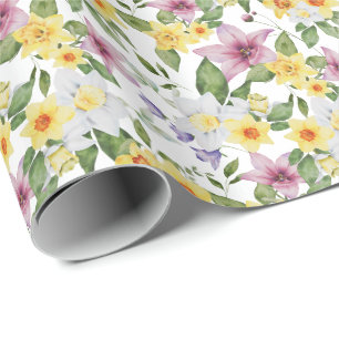 Purple Yellow White Green Floral Greenery Leaves  Wrapping Paper