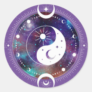 Purple Yin Yang Galaxy and Crescent Moon Mystical Classic Round Sticker