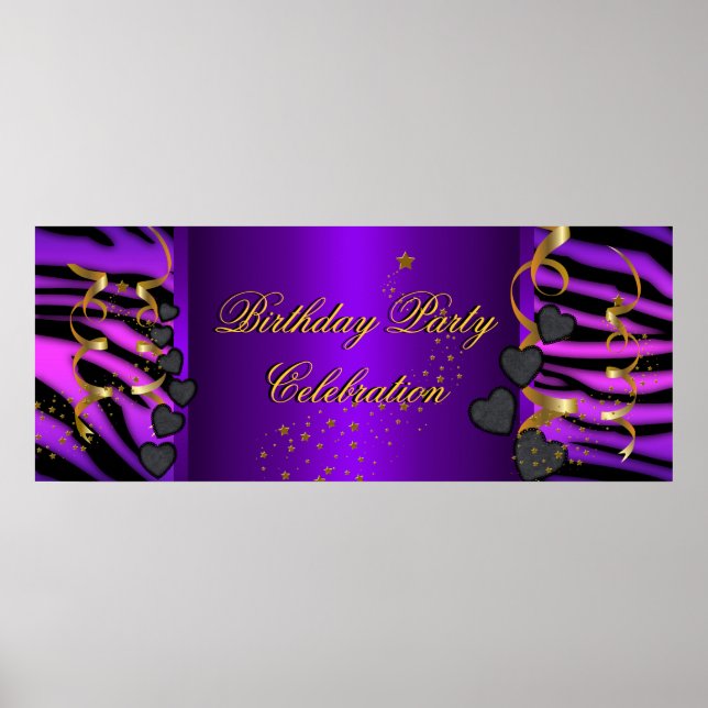 Purple Zebra Banner Birthday Party Celebration Poster (Front)