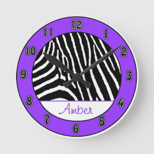 Purple Zebra Girls Clock with Name