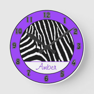 Purple Zebra Girls Clock with Name