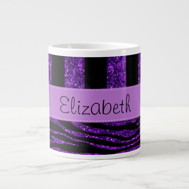 Purple Zebra, Glitter, Purple Stripes, Your Name Large Coffee Mug (Front)