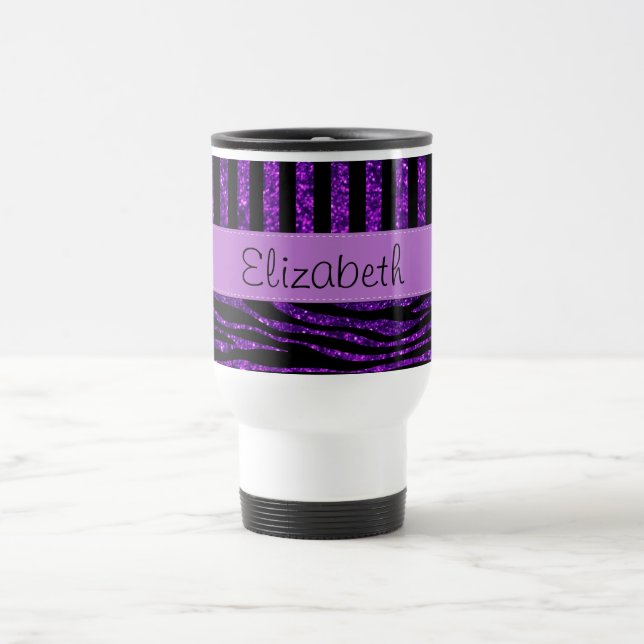Purple Zebra, Glitter, Purple Stripes, Your Name Travel Mug (Center)