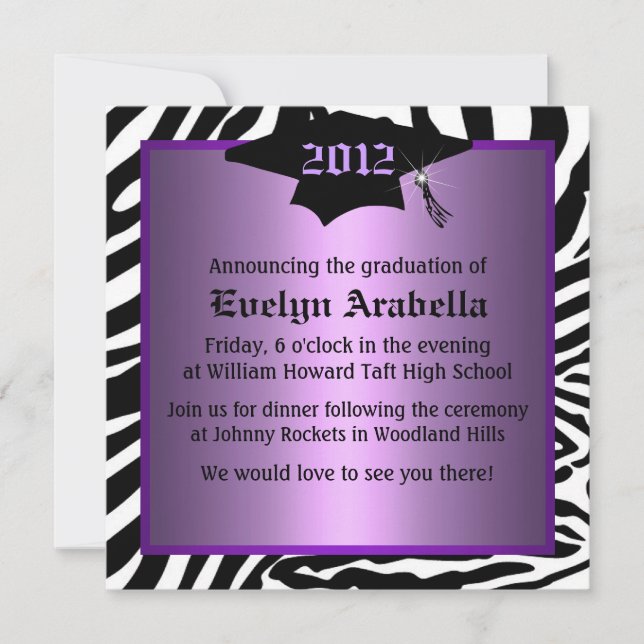 Purple Zebra Graduation Announcement (Front)