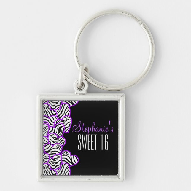 Purple zebra heart Sweet 16 Birthday Keychain (Front)